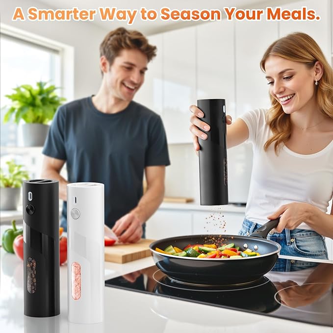 110ml Electric Salt and Pepper Grinder Set, 2-Pack Auto Salt and Pepper Shakers with Large Capacity, Rechargeable, Adjustable Coarseness for Kitchen, Outdoor Dining (Black & White)