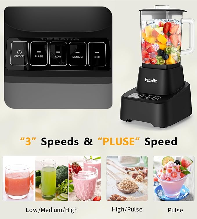 Smoothie Blender, Facelle Countertop Blender for Kitchen, 55 oz Glass blender for smoothies and Shakes, Licuadora, Smoothie maker with touchscreen 3+P Speeds, Cleaning brush & removable SS304 blade