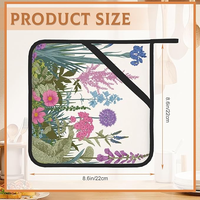 Weed Pot Holder Set of 2,Herbs and Wild Flowers Kitchen Heat Resistant Potholder for Women Men BBQ Cooking Baking