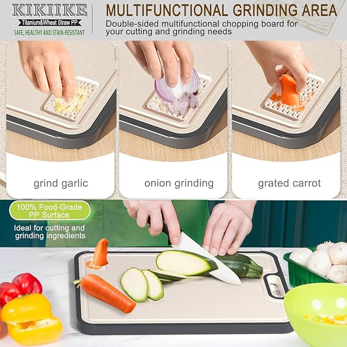 Titanium Cutting Board Double Sided Pure Titanium Cutting Boards for Kitchen, Pure titanium & Wheat Straw PP Food Grade metal cutting board, Non-slip durable and easy to clean (Large)