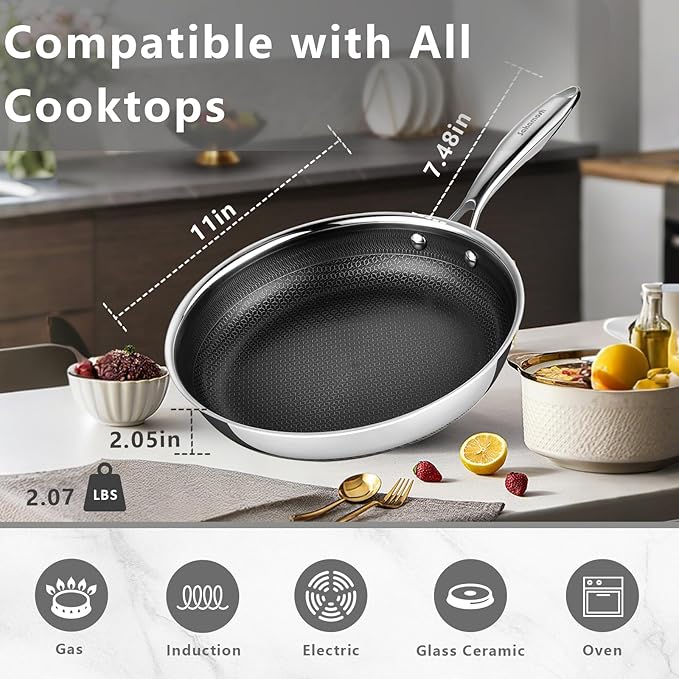 11" Non Stick Frying Pans, Stainless Steel Pan, Ceramic Skillet with Stay-Cool Handle, Non Toxic, PFAS PFOA PTFE Free, Dishwasher Safe, Induction, Compatible with All Cooktops