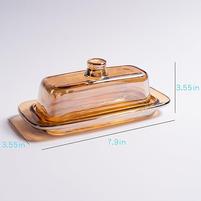 Glass Butter Dish with Lid for Countertop, Champagne Crystal Covered Butter Holder Tray Container(7.9*3.55 in)