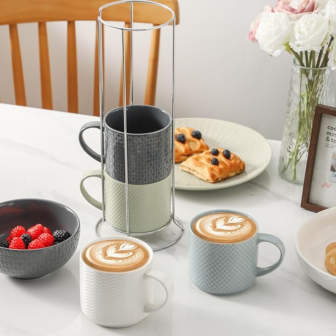 Hasense Coffee Mugs,15oz Coffee Cups Set of 4 with Stackable Storage Rack, Durable Porcelain, Microwave & Dishwasher Safe, Space-Saving Mug Set for Kitchen and Office, Multi Color