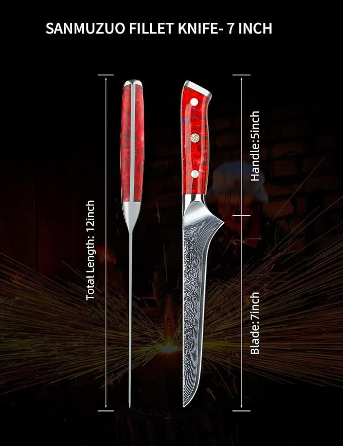 7 inch Fillet Knife, VG10 Damascus Steel Fish Boning Knife with Resin Handle - Xuan Series (Sunset Red)