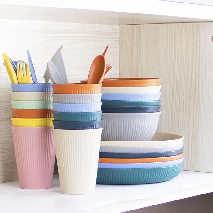 Wheat Straw Dinnerware Set, 36pcs Dishes Plates and Bowls Sets, Service for 6, Reusable Dinnerware Set Kitchen Cups Plates and Bowls Sets