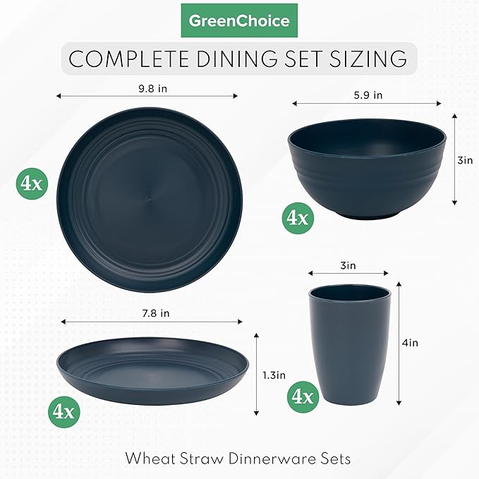 Wheat Straw Dinnerware Sets for 4 - GreenChoice Lightweight & Unbreakable Dishes Microwave & Dishwasher Safe Perfect for Camping, Picnic, RV, Dorm Plates, Cups and Bowls (Blue)