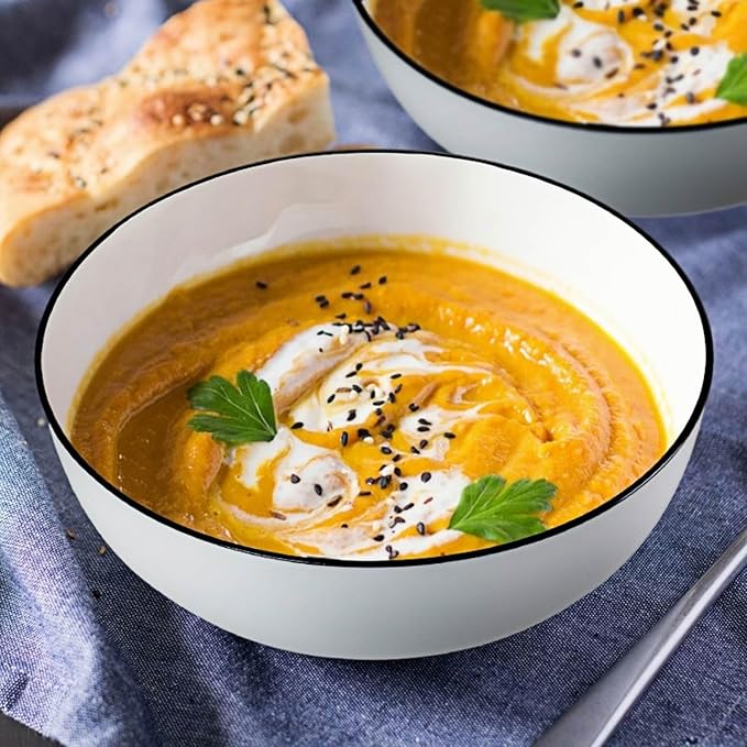 60 oz Large Soup Bowl, Pho Bowls, 8-Inch Rimmed Off-White Porcelain Bowls Set of 3, Perfect for Hearty Meals and Serving