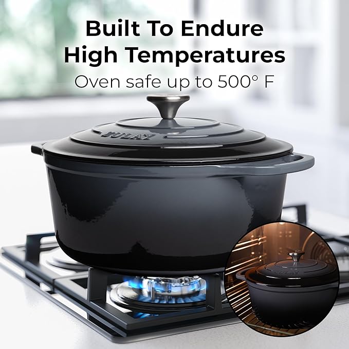 Zulay Kitchen 7.7 Quart Enameled Cast Iron Dutch Oven with Lid, Silicone Trivet & Heat Pad – Premium Durability & Oven Safe up to 500°F – Heavy Duty Cookware Perfect for Bread Baking, Stews, Braising & Roasting – Gray