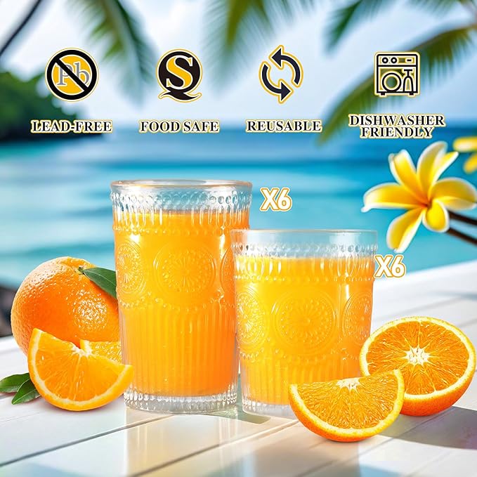 12pcs Vintage Drinking Glasses Set, 12 oz Highball Glasses & 9 oz Embossed Ribbed Glassware Cups for Cocktail, Water, Juice, Coffee, Whiskey (Clear)