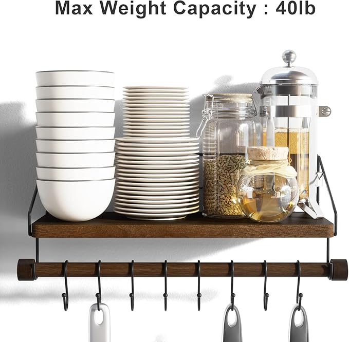 Alsonerbay Floating Shelf Wall-Mounted, Coffee Bar Shelf with Hooks and Towel Bar, Kitchen Shelves for Organizing Cooking Utensils and Mugs