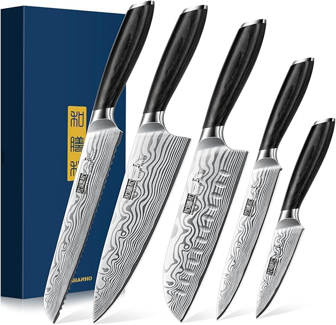 5 Pieces Knife Set, Professional Powder Steel Chef Knife Set, Ultra Sharp Japanese Kitchen Knives Set with Ergonomic Pakkawood Handle