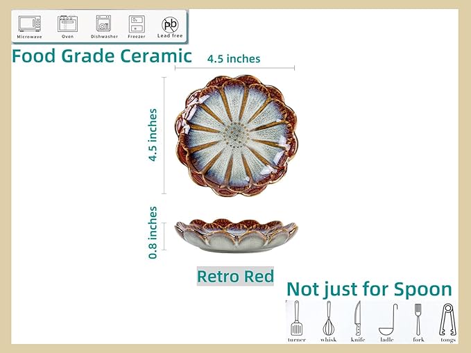 Ceramic Spoon Rest for Stove Top, Flower Cute Spoon Rest for Kitchen Counter, Cooking Spoon Holder for Kitchen Counter, Utensil Rest Spatula Rest Ladle Holder Tong Rest, 1 PC (Retro, Red)