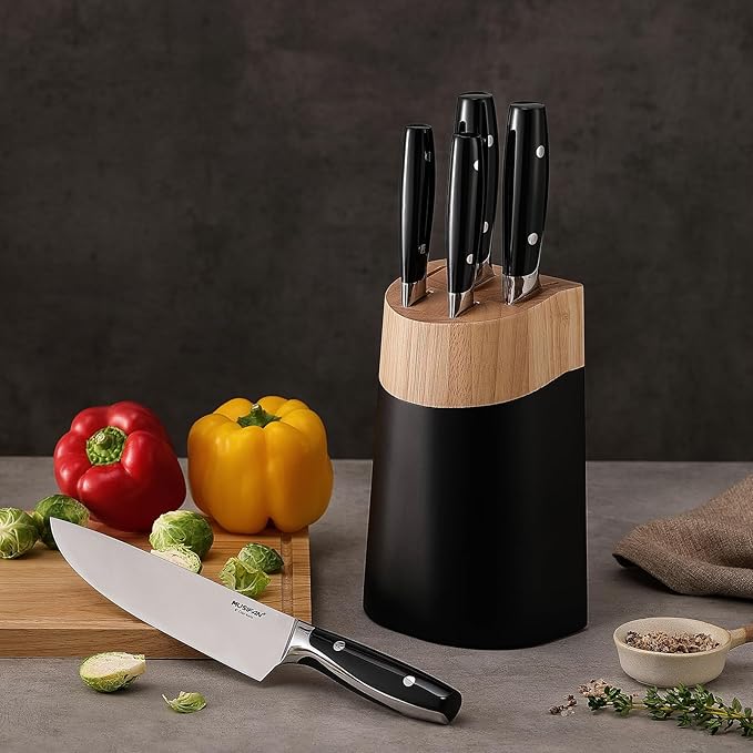 6-Piece Knife Block Sets,Stainless Steel Kitchen Knife Set with Block – High Carbon Black Knives, Dishwasher Safe,Holiday Gift