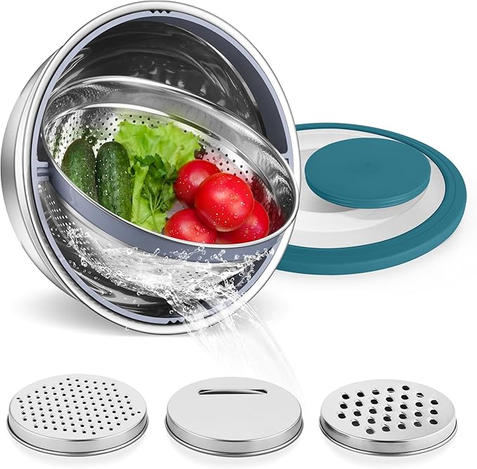 E-far Colander with Mixing Bowl Set, 4-1 Stainless Steel Colander Strainers Bowl with Graters for Kitchen, Rotatable Food Strainer Bowl for Rinsing Fruits Vegetables/Draining Pasta - Blue