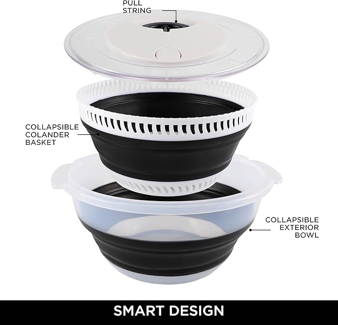 COOK WITH COLOR Collapsible Salad Spinner - 4 QT Space Saving Lettuce Dryer with Folding Collapsible Colander Great for Washing and Drying Fruit and Vegetables (Black)