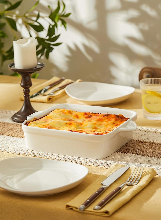 Sweese 8x8 inch Square Porcelain Baking Dish with Double Handles - Non-Stick Oven Casserole Pan for Brownie, Lasagna, Roasting - Great for Serving or Cooking