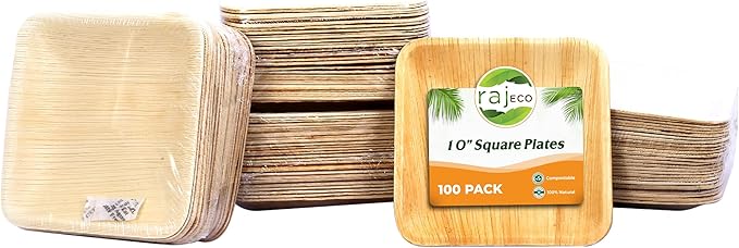 Raj Palm Leaf Plates 10" 100 Square Plates like Bamboo plates Disposable, Decorative Compostable Tableware for wedding, Lunch, Dinner, Birthday, Camping, Outdoor BBQ, Picnic