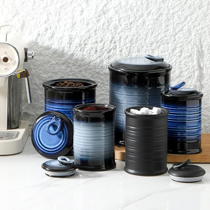 Nihow Food Storage Jar Sets: Ceramic Container with Air Tight Lid for Flour/Sugar/Rice/Coffee/Cookies/Candy - Seal Damp-proof Canister for The Kitchen Counter - Set of 4 (Matte Black)