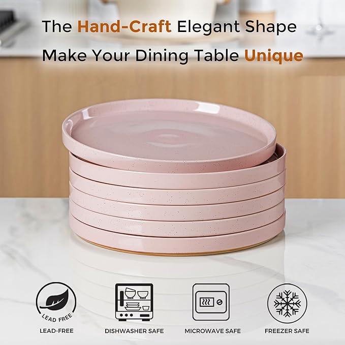 AmorArc Ceramic Dinner Plates Set of 6, 10.25 Inch Stoneware Plates for Kitchen,Modern Flat Dinnerware Dishes Set,Microwave& Dishwasher Safe, Scratch Resistant-Pink