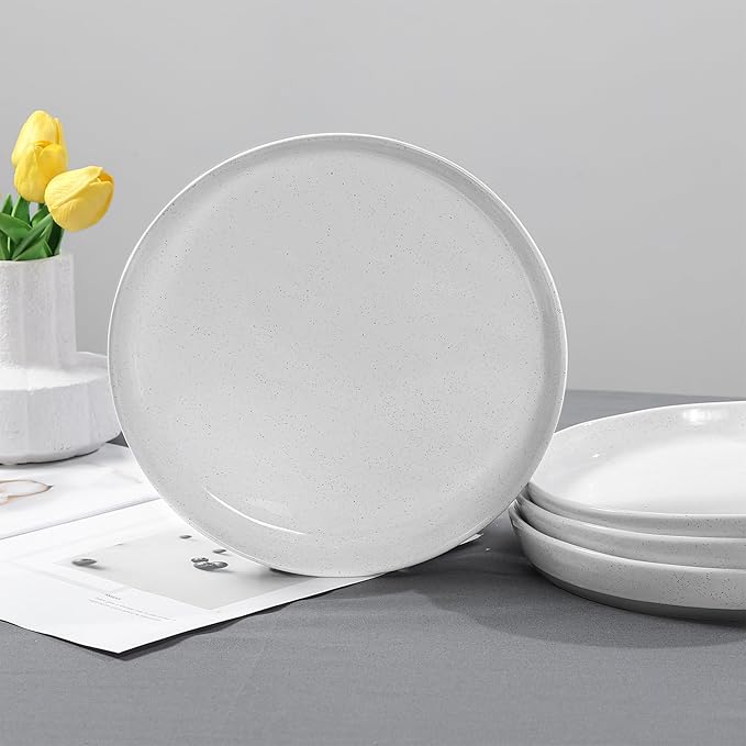 Ceramic Dinner Plates Set of 4-10 inch Stoneware Plates Set - Microwave&Dishwasher&Oven Safe, Porcelaine Dinnerware Dish Set for Kitchen Serving,Scratch Resistant - White(Grey Bottom)