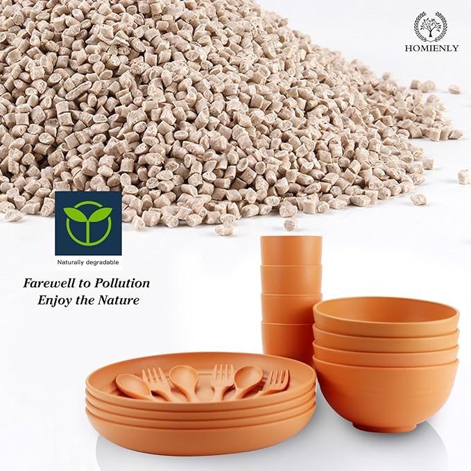 Homienly Wheat Straw Dinnerware Sets, 20pcs Unbreakable Microwave Dishwasher Safe Tableware Lightweight Bowls, Cups, Plates Set Reusable Dinner Plates Bowls set (Orange)