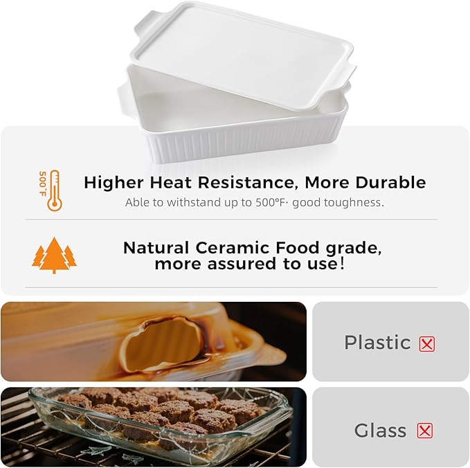 Dizada Large Casserole Dish with Lid, Deep 5.2-Qt (9"x13") 2-in-1 Ceramic Baking Dish with Ceramic Lid, Extra Large Rectangular Baking Pan For Casserole & Lasagna, Dishwasher, Freezer, Microwave and Pre-Heated Oven Safe