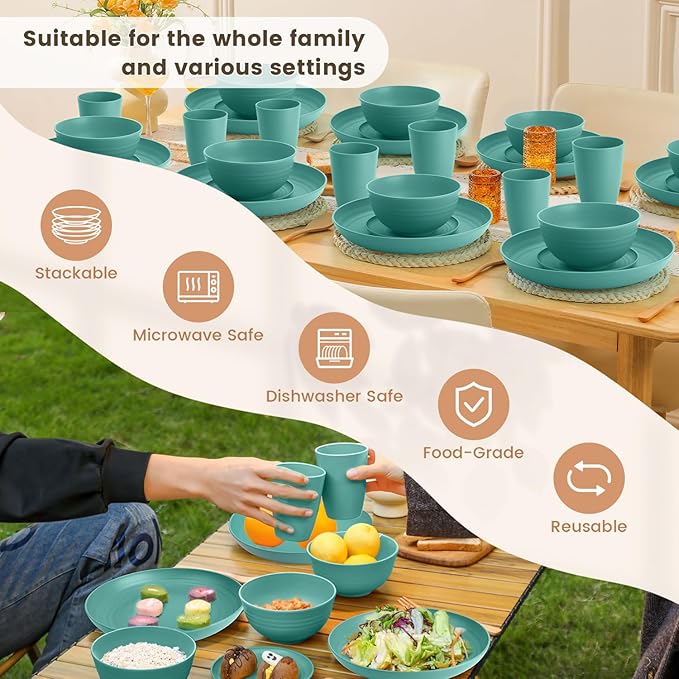 Homienly Wheat Straw Dinnerware Sets, Plates and Bowls Sets, 32-Piece Dish Set for 8, Service for 8, Unbreakable LIghtweight Dinnerware Set for Camping, Outdoor, RV, Microwave & Dishwasher Safe- Green