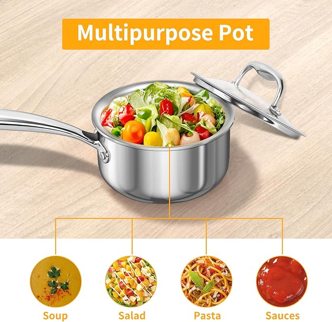 Macevia Sauce Pan with Glass Lid, 18/10 Stainless Steel Pot with Stay-Cool Handle, For All Stoves Multipurpose Use for Home Kitchen or Restaurant(1 Quart)- Silver