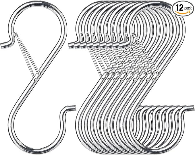 12 PCS S Hooks for Hanging with Safety Buckle, 3.5 inch Heavy Duty Metal S Shaped Hooks for Kitchen Utensil, Cups, Pots, Plants, Bags, Hats (Silver)