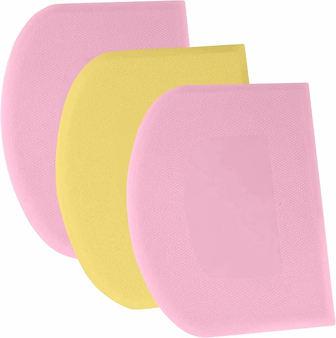 SURDOCA Dough Scraper Bench Scraper - 3P 7.1x4.9" Plastic Flexible Bowl Scraper, Sharp Edge & Angles Cake Scraper. Non-Slip Bakeware Decorating Tools Sculpting & Modeling Tools - Pink+Yellow+Pink