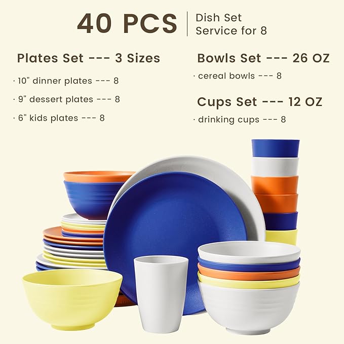 Homienly 40-Piece Wheat Straw Dinnerware Sets, Unbreakable Reusable Dinnerware Set, Service for 8, Kitchen Cups Plates and Bowls Set, Dishwasher Microwave Safe Dishes Set for Camping, Party - Mondrian