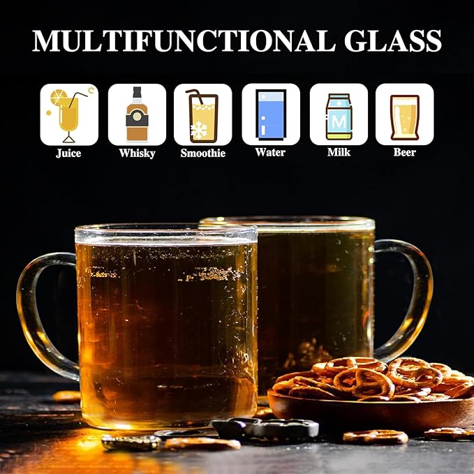 14 oz Glass Coffee Mugs Set of 4 Large Glass Coffee Cups with Anti Scald Handles,Lightweight Durable Clear Mugs for American Cappuccino Latte Tea Milk Espresso Juice Hot and Cold Beverages