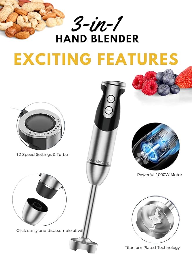 Megawise High-Power Hand Blender – 400W Max Power with Versatile 3-in-1 Attachments (Blending Shaft, Whisk, Chopper); Ergonomic Design with Adjustable Speed Control; Easy to Clean and Maintain (Black)