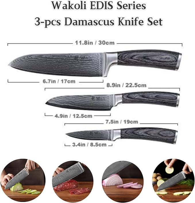 Wakoli EDIS Damascus 3-Piece Knife Set – Japanese Style Kitchen Knives | Genuine Damascus Steel Blades with VG10 Core | Ergonomic Pakkawood Handles | Professional Chef Knife Set in Wooden Gift Box