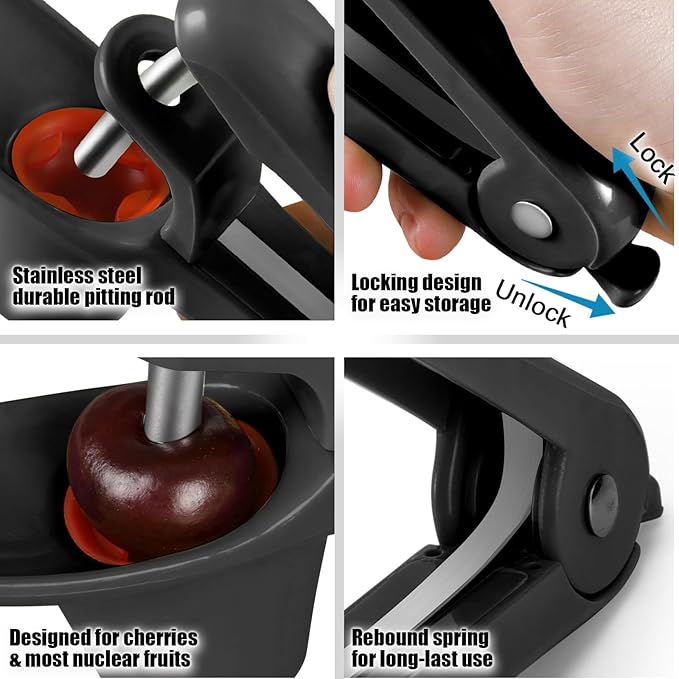 SCHVUBENR Cherry Pitter Tool - Stainless Steel Cherry Corer Pitter with Ergonomic Push Design - Easy to Use for Making Cherry Jam - Pit Cherry with Ease, Saving Time & Space with Lock Design(Black)