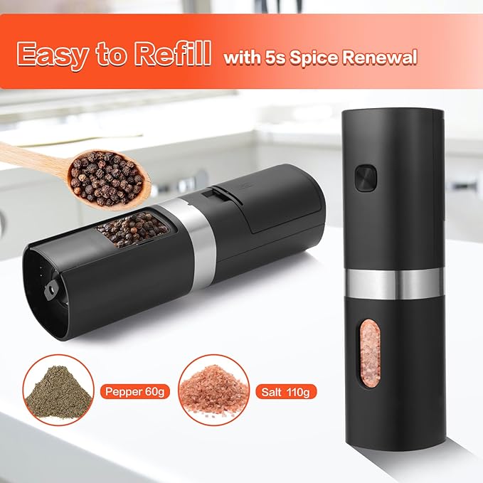 Syaws Electric Pepper and Salt Grinder,Battery Powered Pepper Grinders,Automatic Pepper Mill with LED Light,Adjustable Coarseness One-Hand Operation (Black-Rechargeable Set)