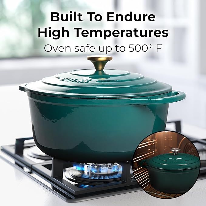 Zulay Kitchen 7.7 Quart Enameled Cast Iron Dutch Oven with Lid, Silicone Trivet & Heat Pad – Premium Durability & Oven Safe up to 500°F – Heavy Duty Cookware Perfect for Bread Baking, Stews, Braising & Roasting – emerald