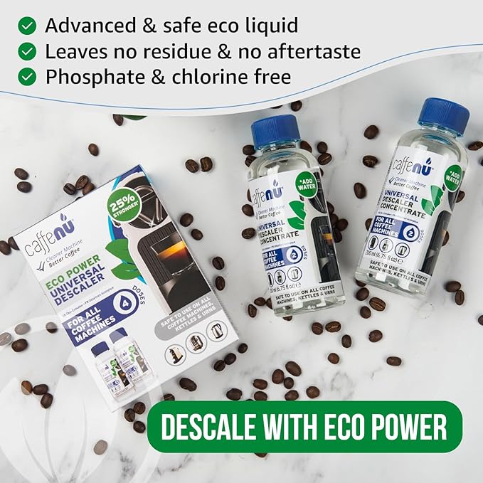 Universal Coffee Machine Descaling Solution. Coffee Machine Descaler Liquid 4 Uses. Descaler Kit. Part of your Barista Accessories Set. Compatible with Nespresso, Phillips, Lavazza, Verismo and More!