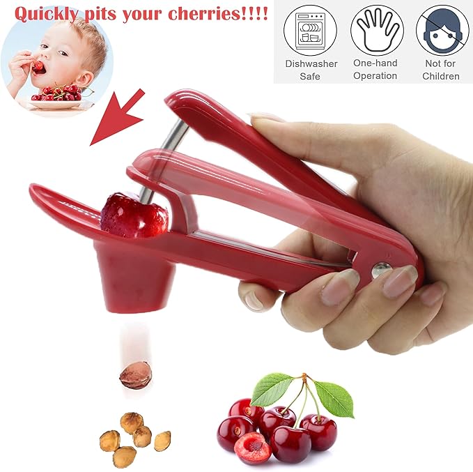 PCTC Cherries Pit Cherry pitter tool, Olives Cherry pitter Seed Stone Remover for Making CherryJam Cherries Corer Pitter Tool with Space-Saving Lock Design(Red)