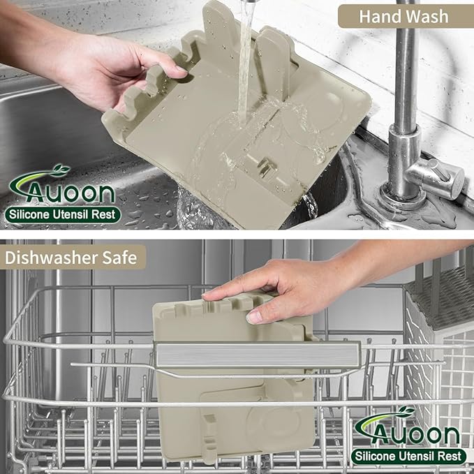 AUOON Spoon Holder for Stove - Silicone Spoon and Lid Rest with Drip Pad Kitchen Utensil Rest for Spoons, Ladles, Spatulas, Tongs & More (Milk Shake, Large)