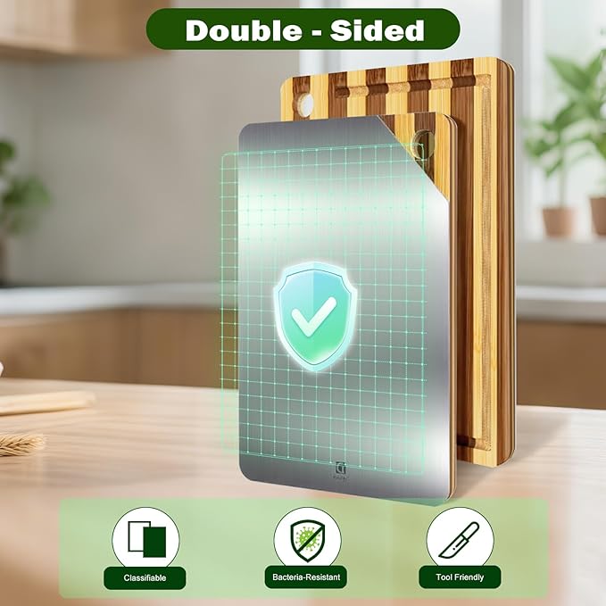 Titanium Cutting Board for Kitchen, Double Sided Cutting Board, Pure Titanium and Natural Bamboo, with Deep Juice Grooves, Large Size 15.6”×11”