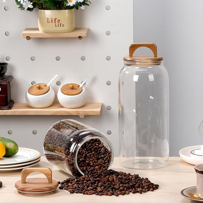 WHJY 2 pack 1/2 Gallon Glass Jars with Wood Lids Flour Sugar Storage Containers for Kitchen Pantry Large Airtight Clear Canister for Coffee Bean Snacks Dried Goods