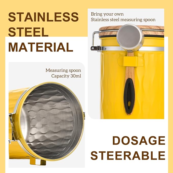 TEDSWAIT Coffee Container with Sealed Cantilever Lid and Scoop, Airtight Stainless Steel Kitchen Food Storage Canister with Date Tracker, 1.8L(Yellow)