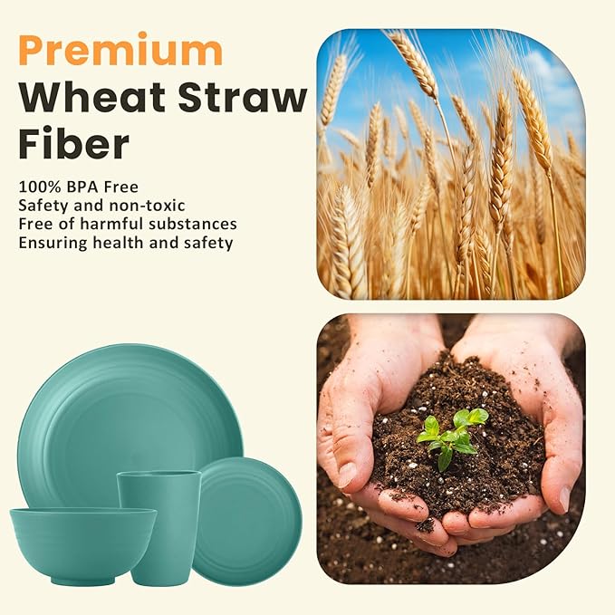 Homienly Wheat Straw Dinnerware Sets, Plates and Bowls Sets, 32-Piece Dish Set for 8, Service for 8, Unbreakable LIghtweight Dinnerware Set for Camping, Outdoor, RV, Microwave & Dishwasher Safe- Green