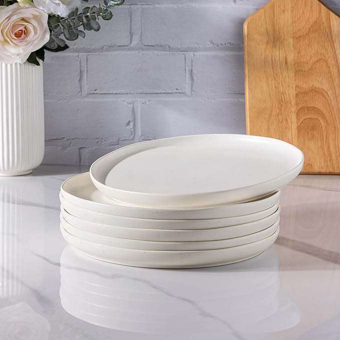 AmorArc Dinner Plates Set of 4, Handcrafted Porcelain Wavy Rim 10.5 Inch Modern Ceramic Plates Set, Dinnerware Dishes for Kitchen-Microwave&Dishwasher&Oven Safe, Chip resistant-Speckeld White
