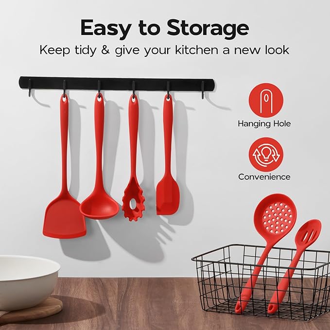 Silicone Cooking Utensils Set, Onader Red Kitchen Utensils 6 Pcs Set, Heat Resistant Kitchen Tool Kit, Nonstick Cookware Friendly & Non Toxic
