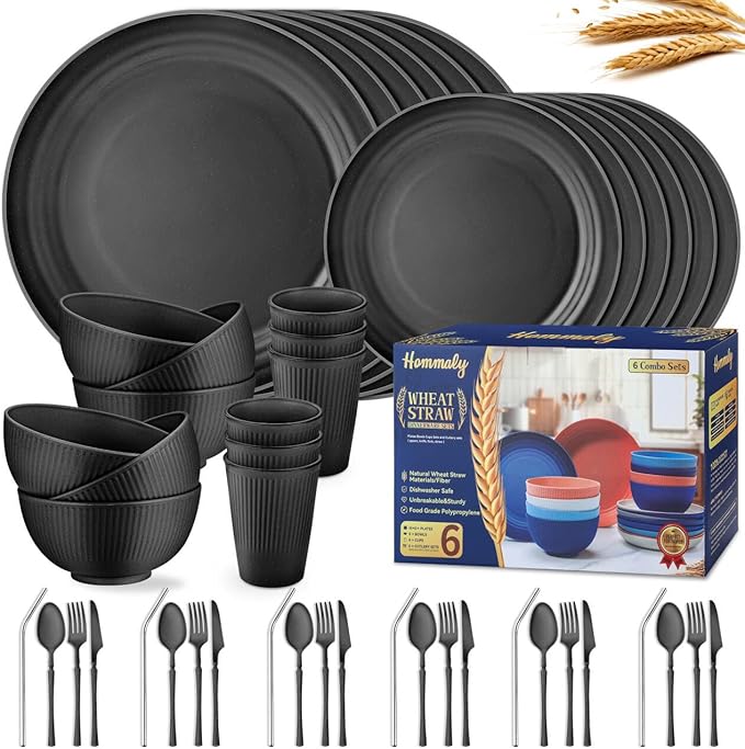 Wheat Straw Dinnerware Sets,48-Piece Black Plates and Bowls Sets for 6-Unbreakable,Reusable Plastic Dish Set-Dinner Plate/Dessert Plate/Cereal Bowl/Cup/Utensils-Microwavable Dishwasher Safe 48P-Black