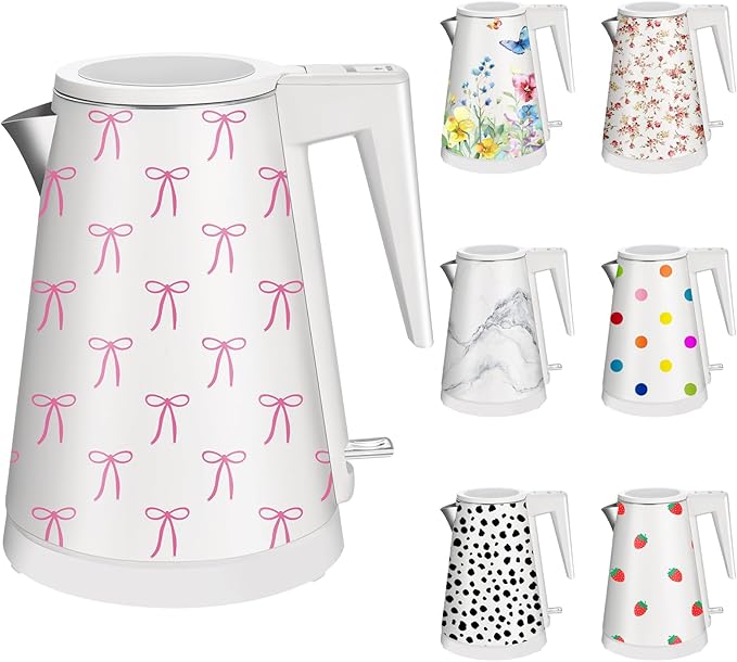 1.2L Double Wall Stainless Steel Interior Water Boiler, Cordless, 1000W Fast Boil with LED Light Coffee Pot & Tea Electric Kettle, Auto Shut-Off and Boil-Dry Protection (Pink Bow)