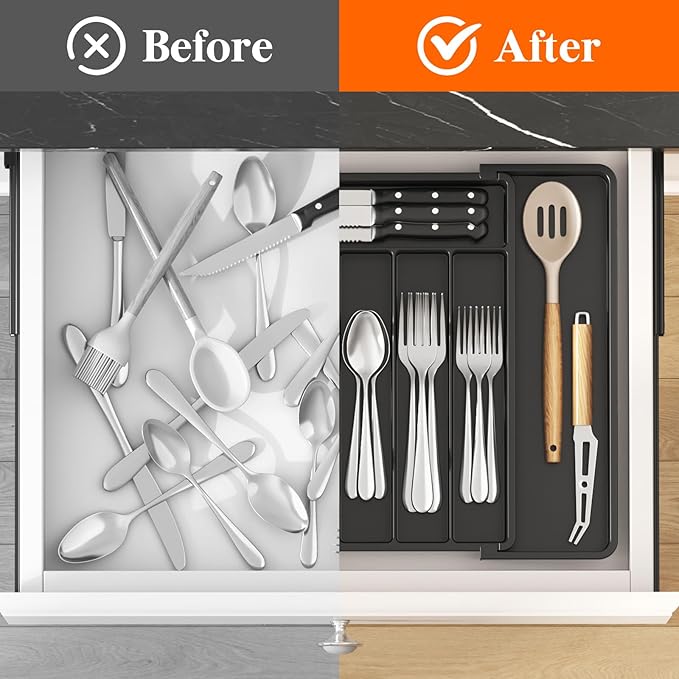 Lifewit Silverware Drawer Organizer, Expandable from 11 to 18 inches, Utensil Tray for Kitchen, BPA Free Flatware Cutlery Holder, Adjustable Plastic Storage for Spoons Forks Knives, Large, Black