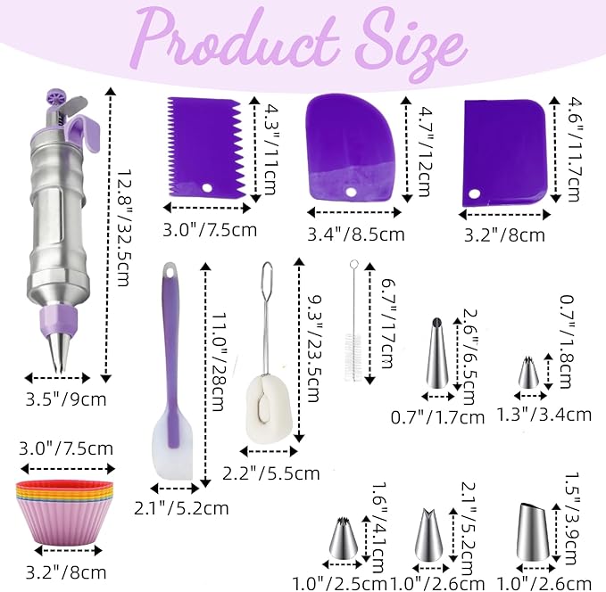 Dessert Decorating Syringe Set, Cake Frosting Piping Kit Stainless Steels Cupcake Icing Piping Kit with 6 Nozzles, 4 Scraper, 6 Silicone Cake Liners, 2 Cleaning Brush for DIY Cake Decoration, Purple